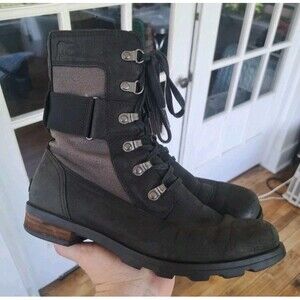 SOREL Emelie Conquest Waterproof Black Leather Canvas Combat Boots Size 8.5
